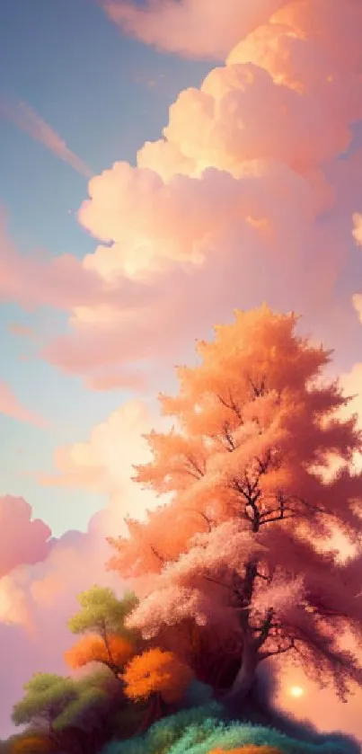 A pastel-colored tree with dreamy clouds in the background.