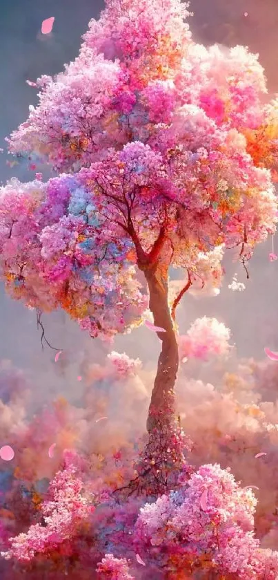 Dreamy pastel tree with pink blossoms against a serene backdrop.
