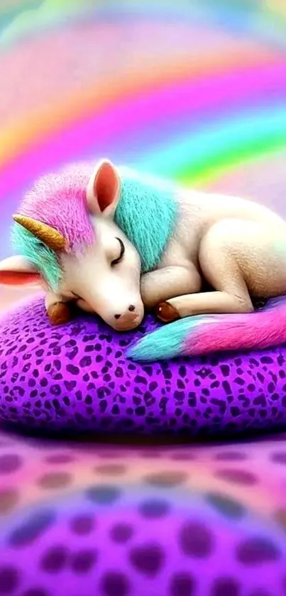 Vibrant mobile wallpaper of a sleeping pastel unicorn on a purple pillow.