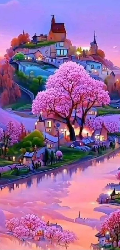 Whimsical pastel village with pink trees and serene river, perfect for mobile wallpaper.