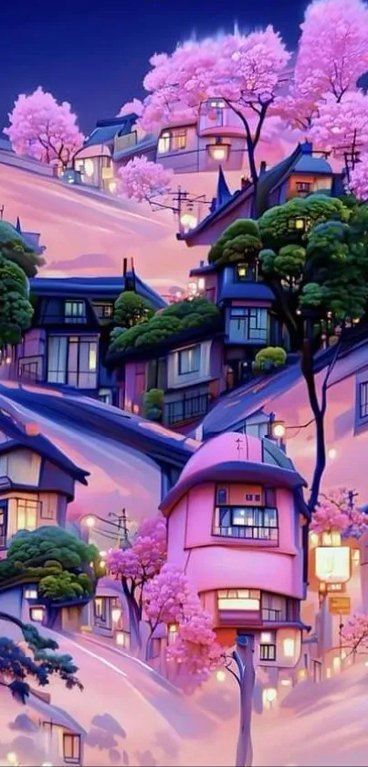 Enchanting village with pink cherry blossoms and cozy houses.