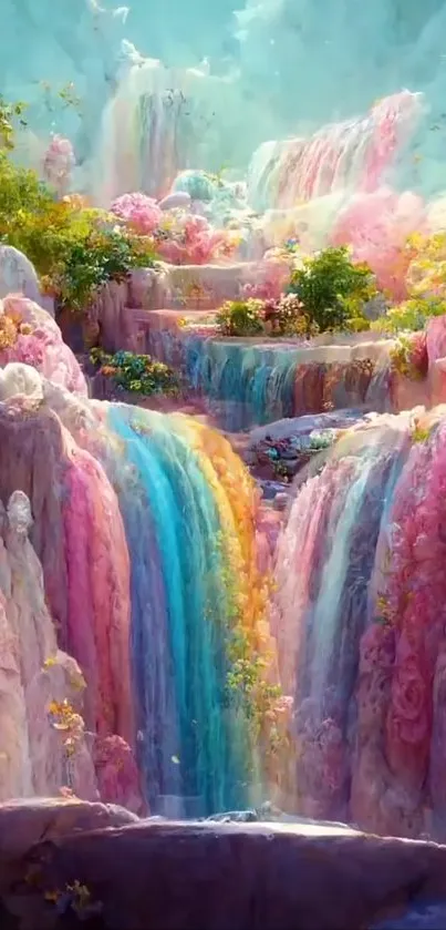 Dreamy pastel waterfall art with vibrant colors.