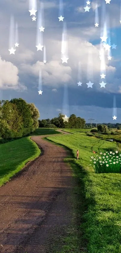 Peaceful countryside path under a starry sky with green fields.