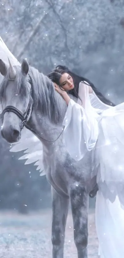 Woman resting on a mystical pegasus in a serene fantasy forest.