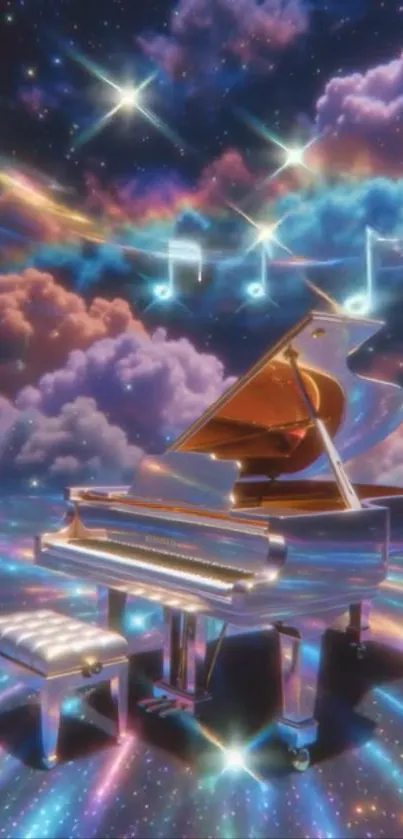 Grand piano in a colorful galaxy scene with musical notes.