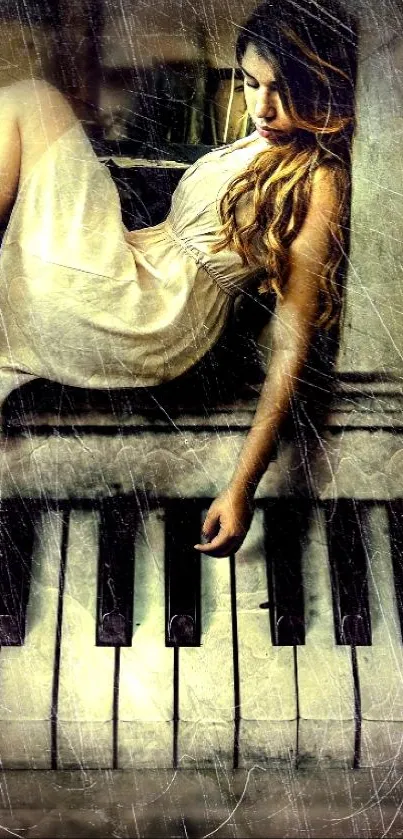 Artistic wallpaper with a girl sitting on piano keys, creating a dreamy effect.