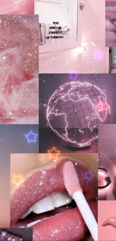 Dreamy pink collage wallpaper with cosmic elements and sparkly textures.