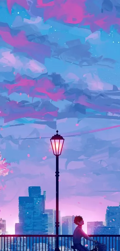 A serene pink and blue cityscape with a lamppost at sunset.