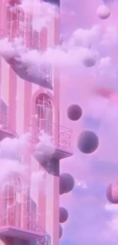 Pink dreamy architectural wallpaper with clouds and balloons.