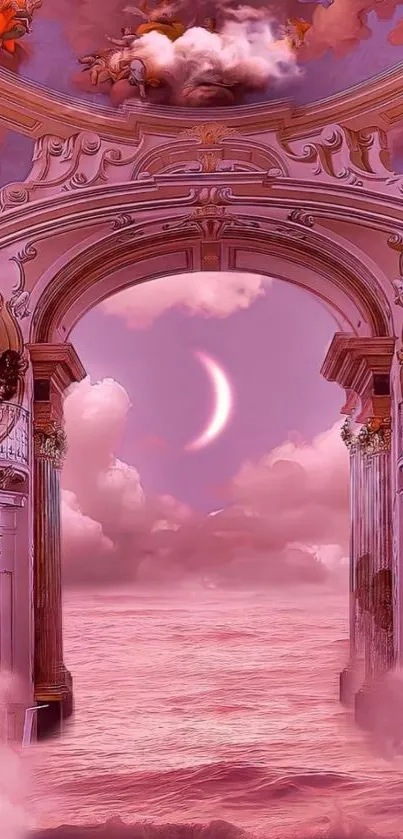 Dreamy pink archway with clouds and crescent moon wallpaper.