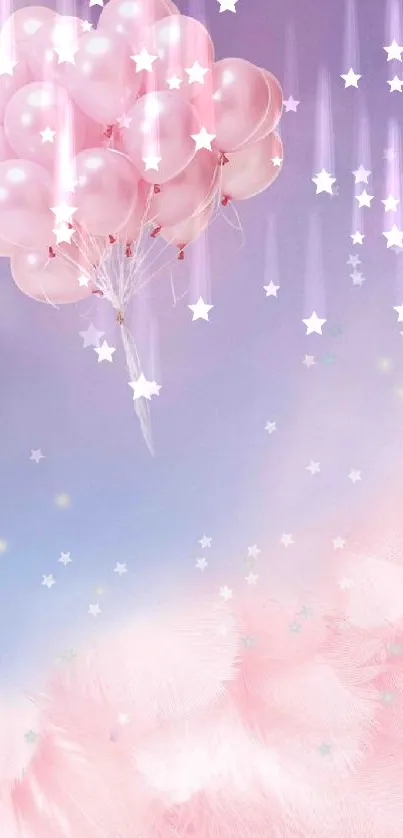 Dreamy pink balloons in a pastel sky with stars and feathers.