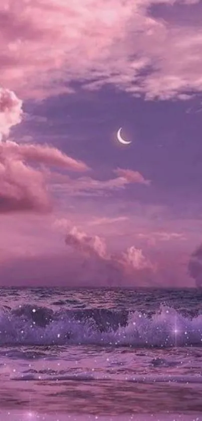 Dreamy pink beach night sky wallpaper with waves and crescent moon.