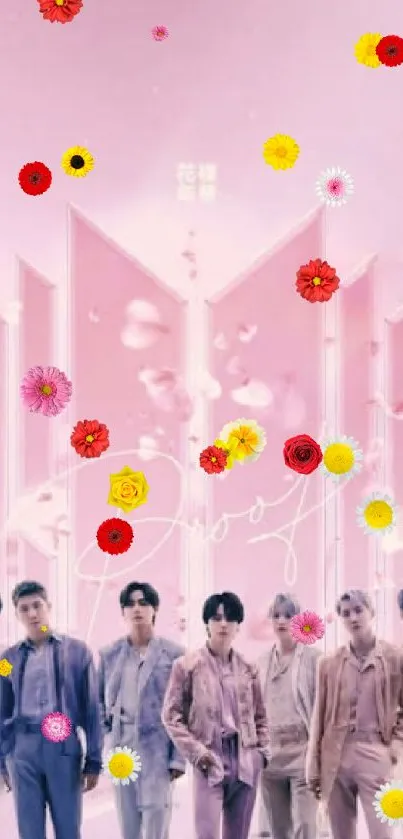 Dreamy pink wallpaper featuring BTS in stylish attire against a serene backdrop.