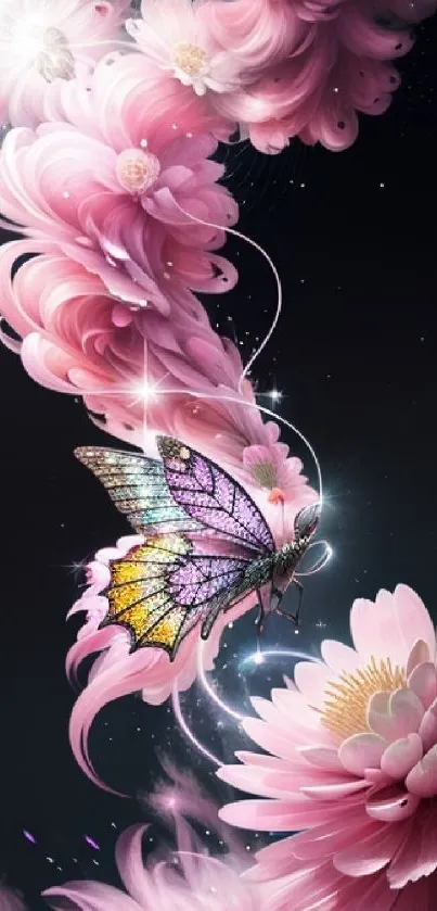 Dreamy pink butterfly with delicate flowers mobile wallpaper.