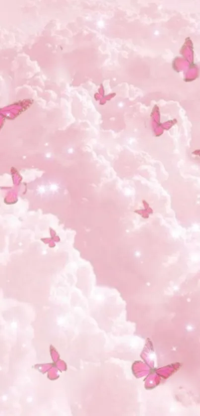 Mobile wallpaper with light pink clouds and butterflies.