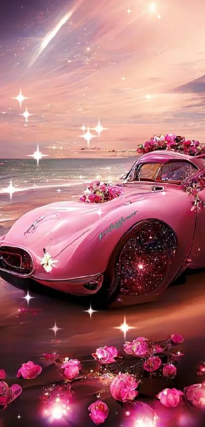 Fantasy pink car by the beach with flowers and sparkling lights.