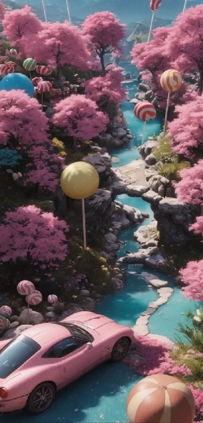 Fantasy pink car among cherry blossoms and balloons in a vibrant landscape.