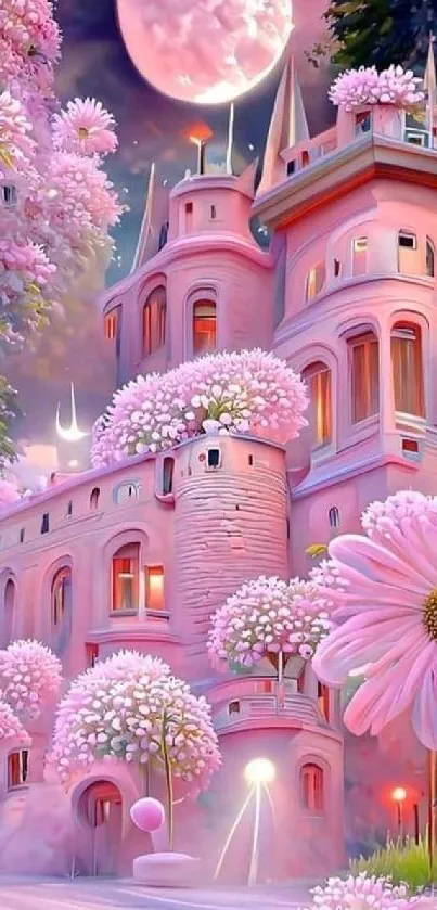 Whimsical pink castle surrounded by flowers.