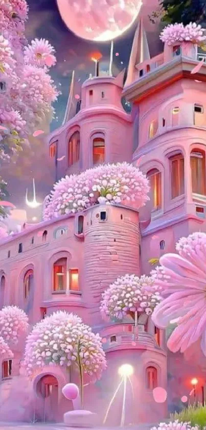 Fantasy pink castle with flowers under a glowing moon.