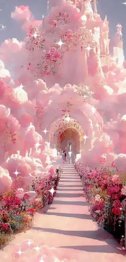 Enchanting path to a pink castle surrounded by clouds and flowers.