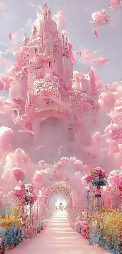 Dreamy pink castle surrounded by fluffy clouds and lush flora.