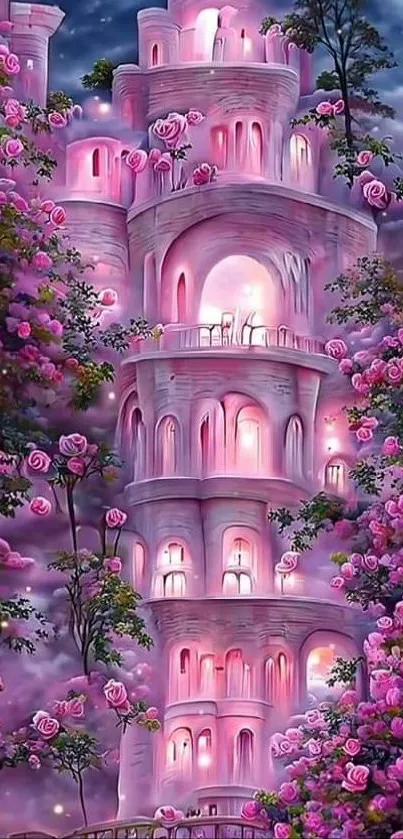 A dreamy pink castle amidst lush flowers with a moonlit sky.