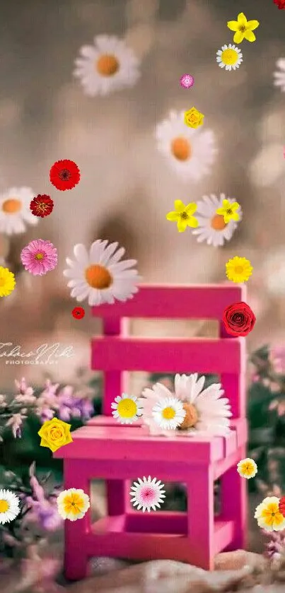 Pink chair with daisies and dreamy bokeh background.