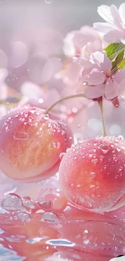 Pink cherry blossoms and dewy peaches in a serene wallpaper.