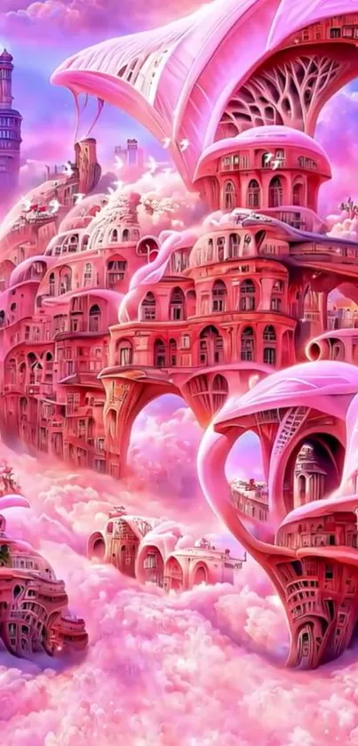 Surreal pink fantasy architecture amidst clouds in vivid artwork.