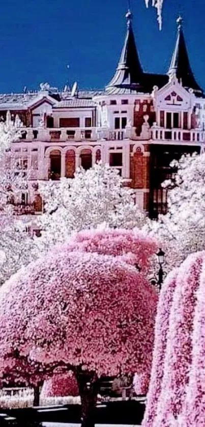 Enchanting pink cityscape with blossoms and majestic architecture.