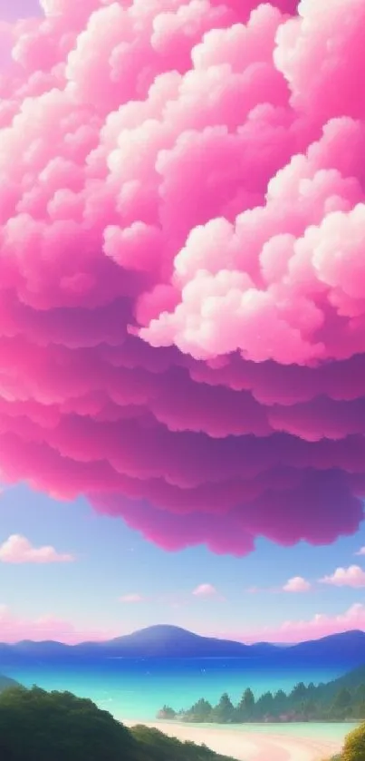 Mobile wallpaper of pink clouds over a serene, vivid landscape.