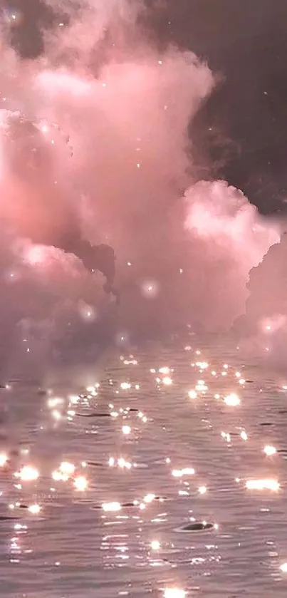 Pink clouds reflecting in calm water create a dreamy mobile wallpaper.