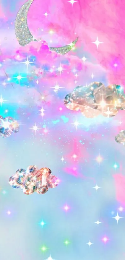 Dreamy pink and blue wallpaper with glittering clouds and crescent moon.