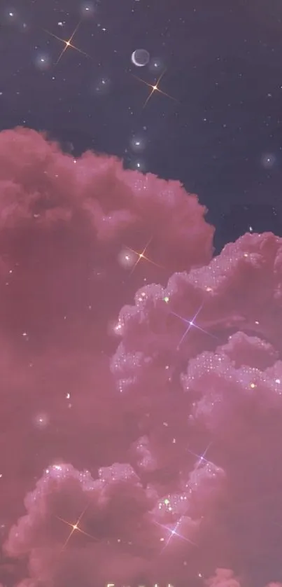 Dreamy pink clouds with stars and moon in night sky wallpaper.