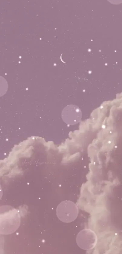 Dreamy pink sky with clouds, stars, and a crescent moon wallpaper.