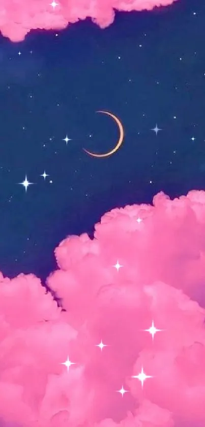 Pink clouds and crescent moon in starry night sky wallpaper.