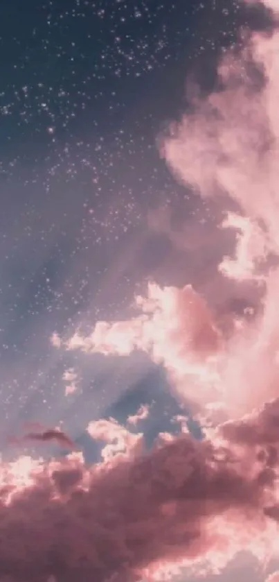 Dreamy pink clouds against a starry sky