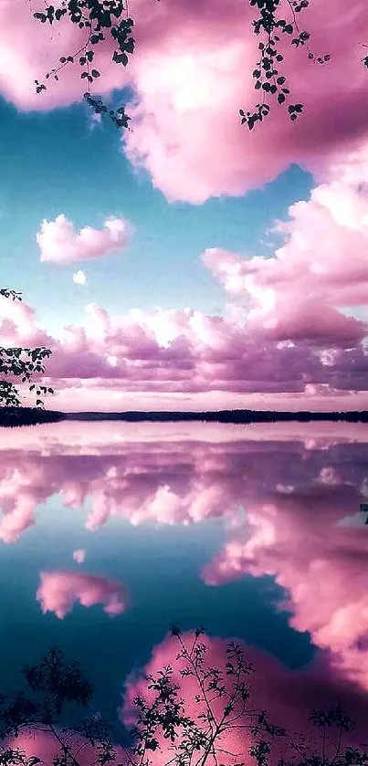 Pink clouds reflecting on a tranquil lake with a serene atmosphere.