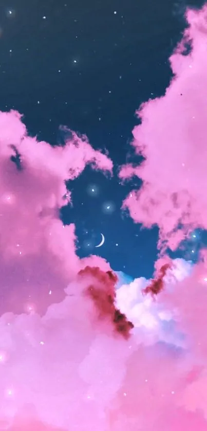 Dreamy pink clouds with night sky and crescent moon wallpaper.