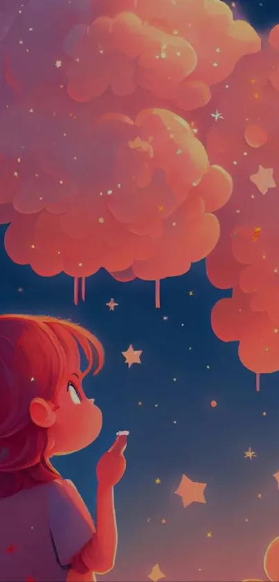 Cute character under pink clouds and stars in a fantasy wallpaper.