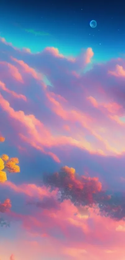 Pastel pink clouds with a vibrant blue sky.