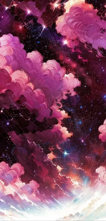 Dreamy artwork of pink clouds and starry sky for mobile wallpaper.