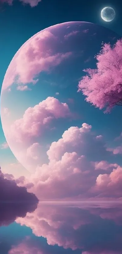 Dreamy pink clouds with a giant moon reflecting in calm water under a starry sky.