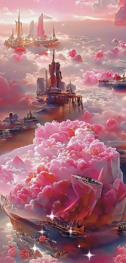 Dreamy pink cloudscape with floating ships in a fantasy setting.