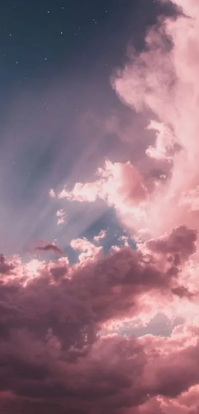 Dreamy pink clouds against a clear sky.