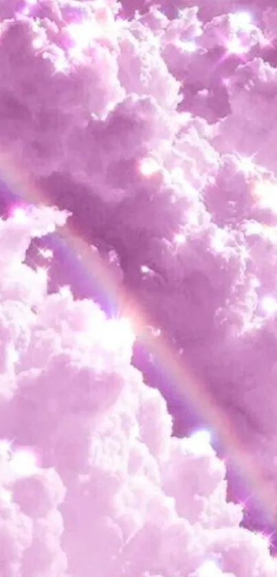 Dreamy pink clouds with a rainbow in pastel tones for mobile wallpaper.