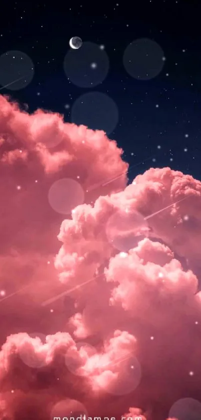 Dreamy pink clouds beneath a starry sky.