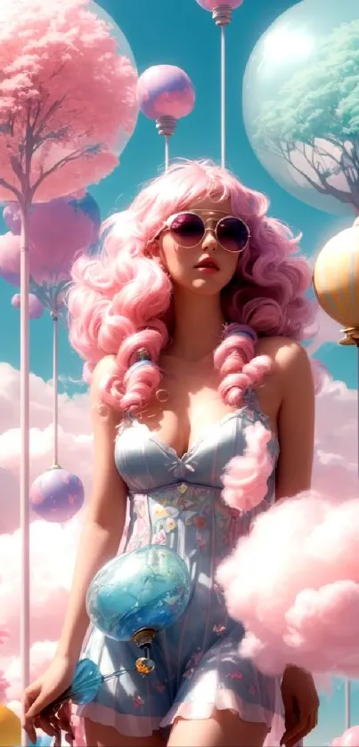 Whimsical pink fantasy art with pastel clouds and balloons in the sky.