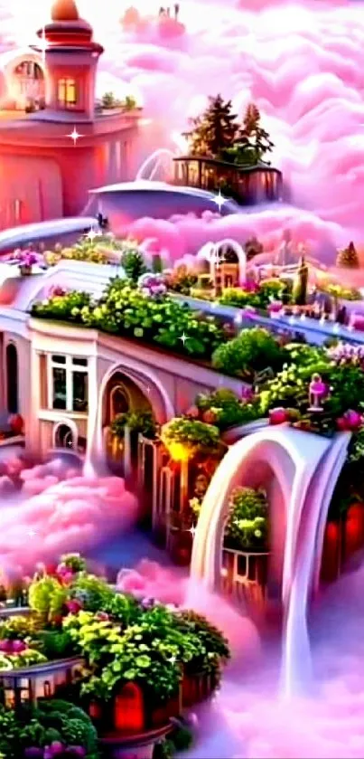 Whimsical pink castle with lush gardens and clouds.