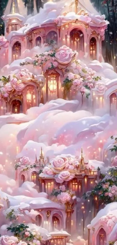 Fantasy castle with pink flowers and snowy details.